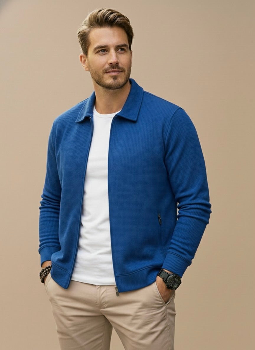 Cardigan zippé maille texturée, coloris bleu vif, vue de face