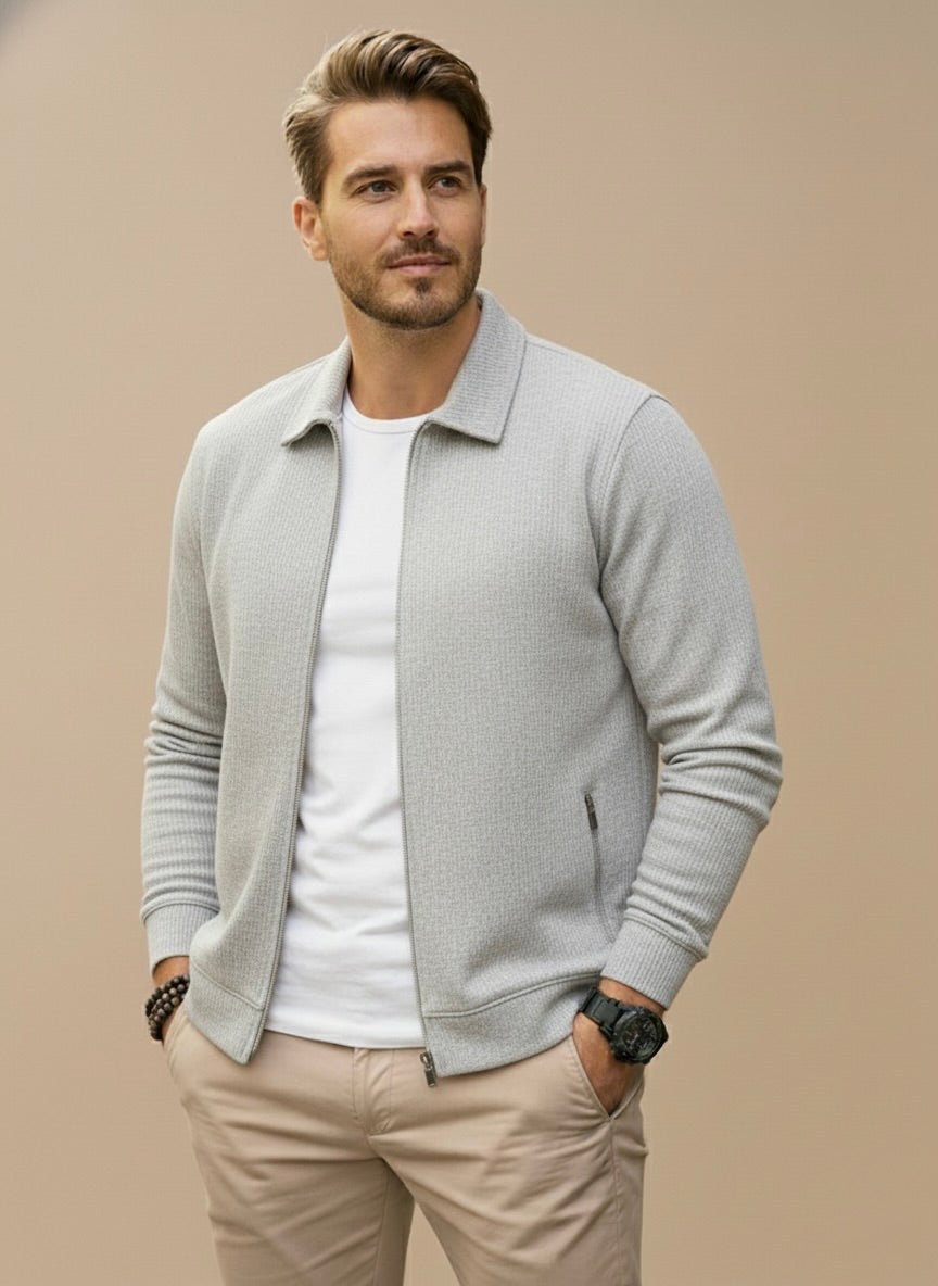 Cardigan zippé maille texturée, coloris gris clair, vue de face