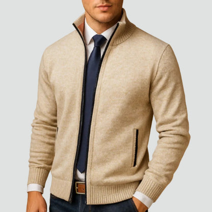 Cardigan zippé poches côtelées, coloris beige, vue de face
