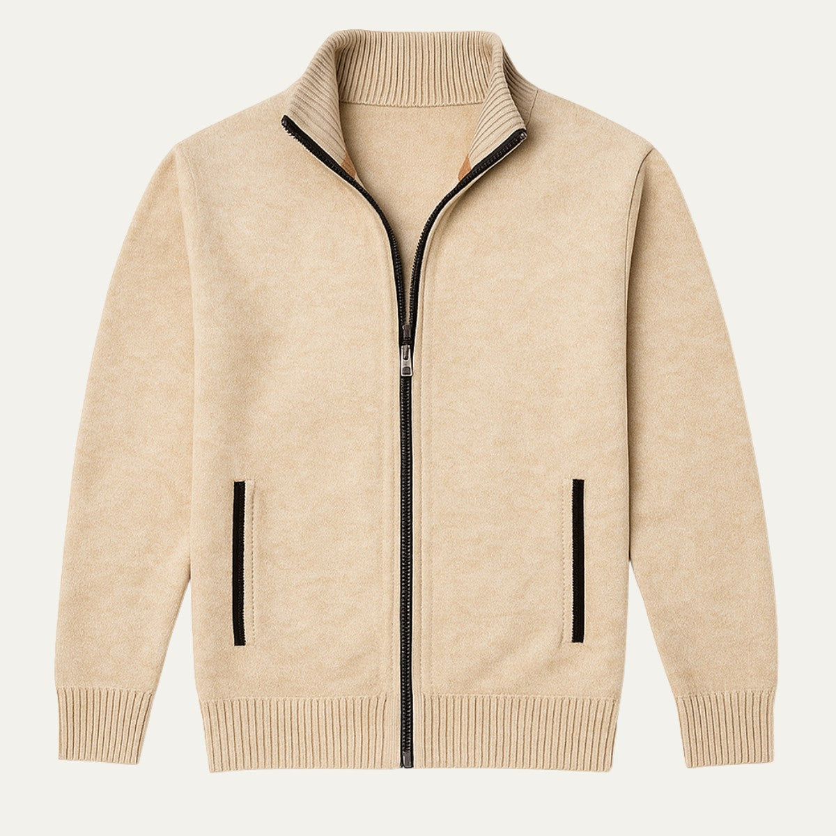 Cardigan zippé poches côtelées, coloris beige, présenté à plat