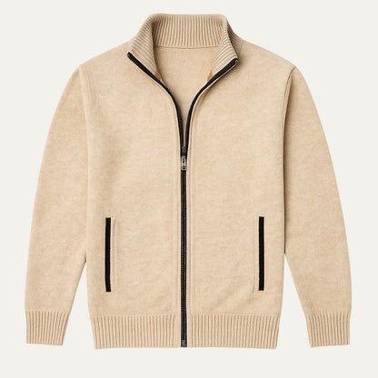 Cardigan zippé poches côtelées, coloris beige, présenté à plat