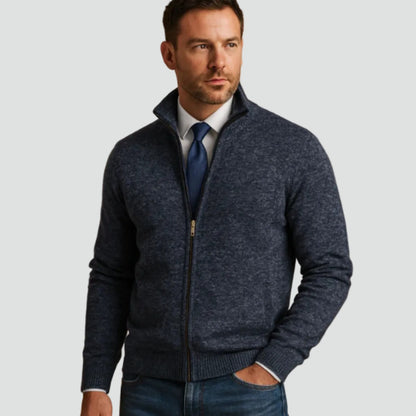 Cardigan zippé poches côtelées, coloris bleu marine, vue de face