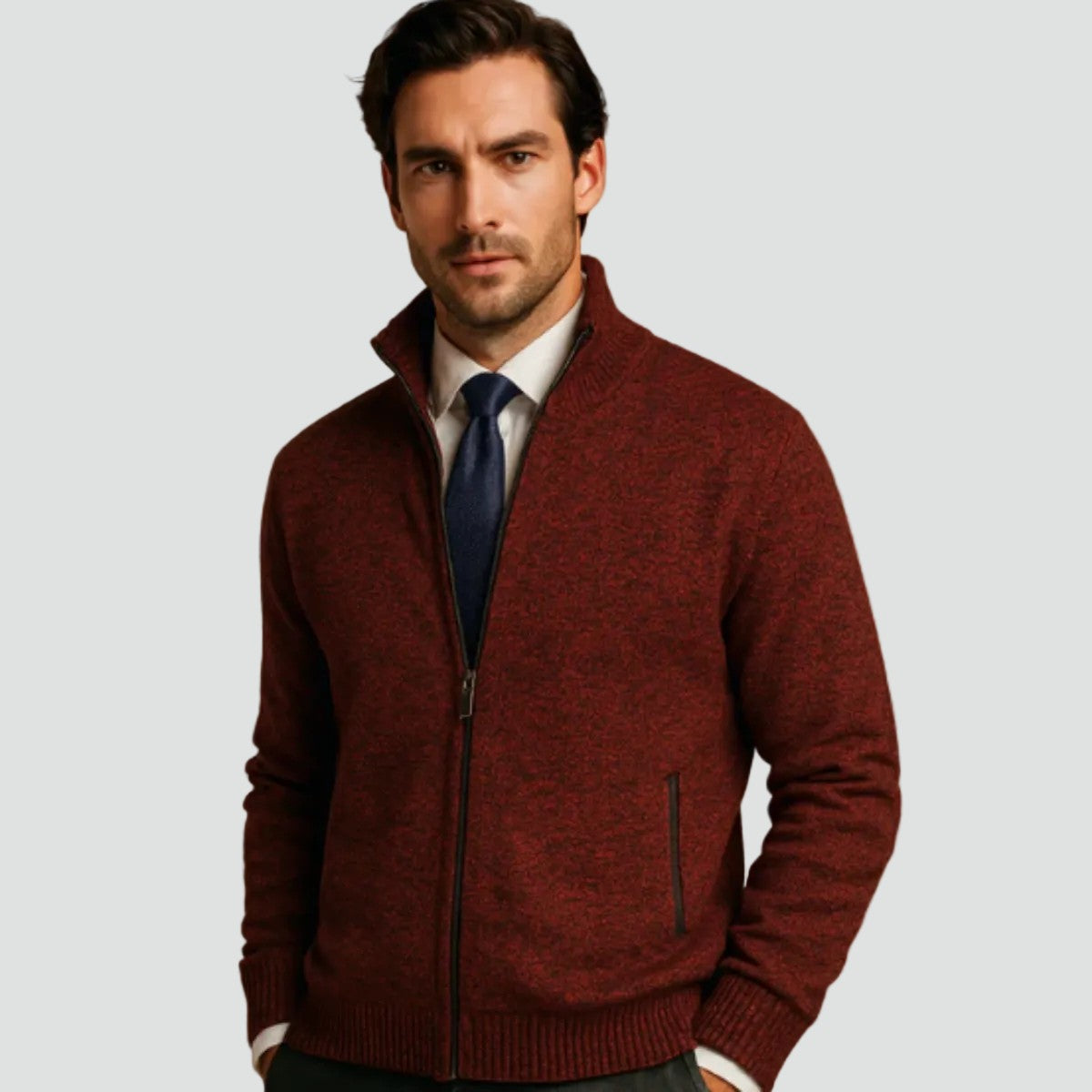 Cardigan zippé poches côtelées, coloris bordeaux, vue de face