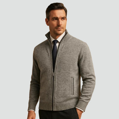Cardigan zippé poches côtelées, coloris gris clair, vue de face