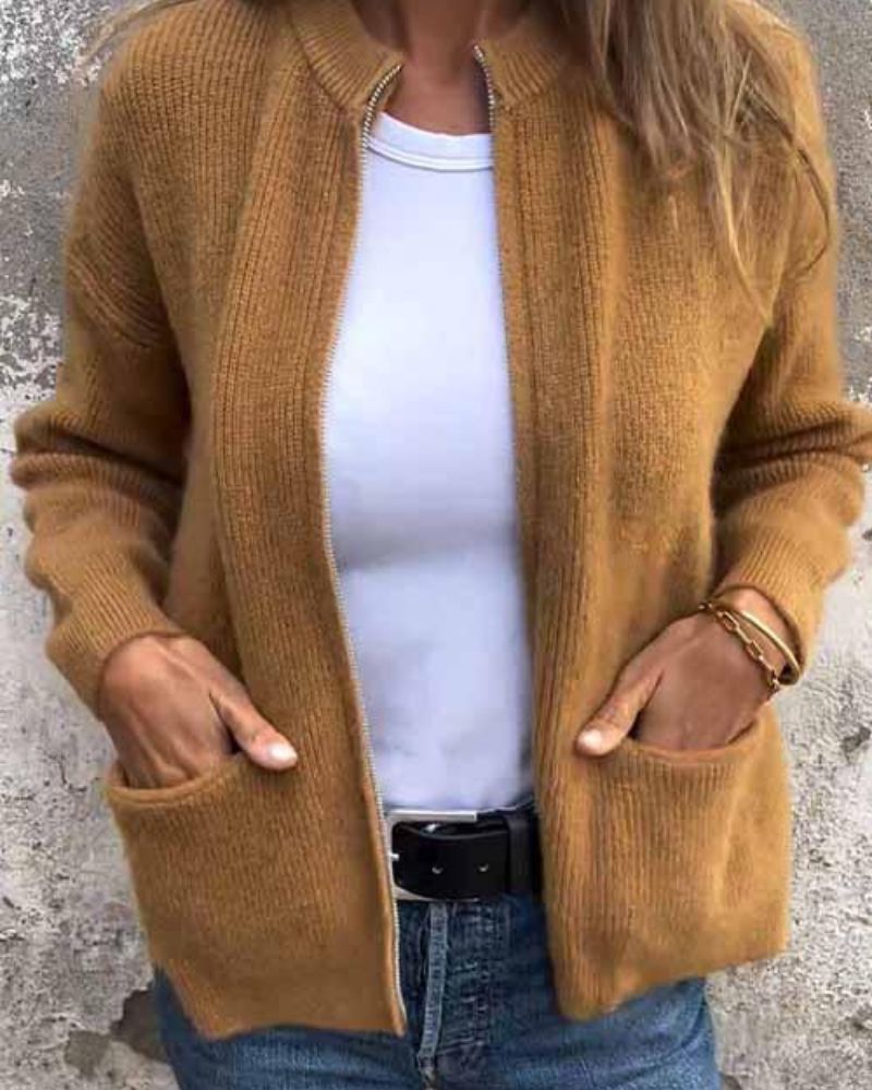 Cardigan zippé poches plaquées, coloris caramel, vue de face