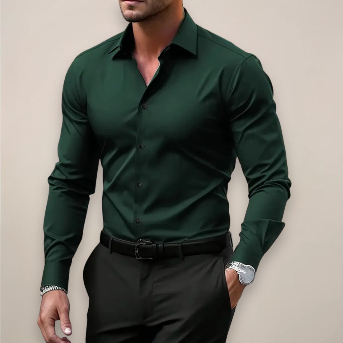 Chemise ajustée col classique, vert foncé