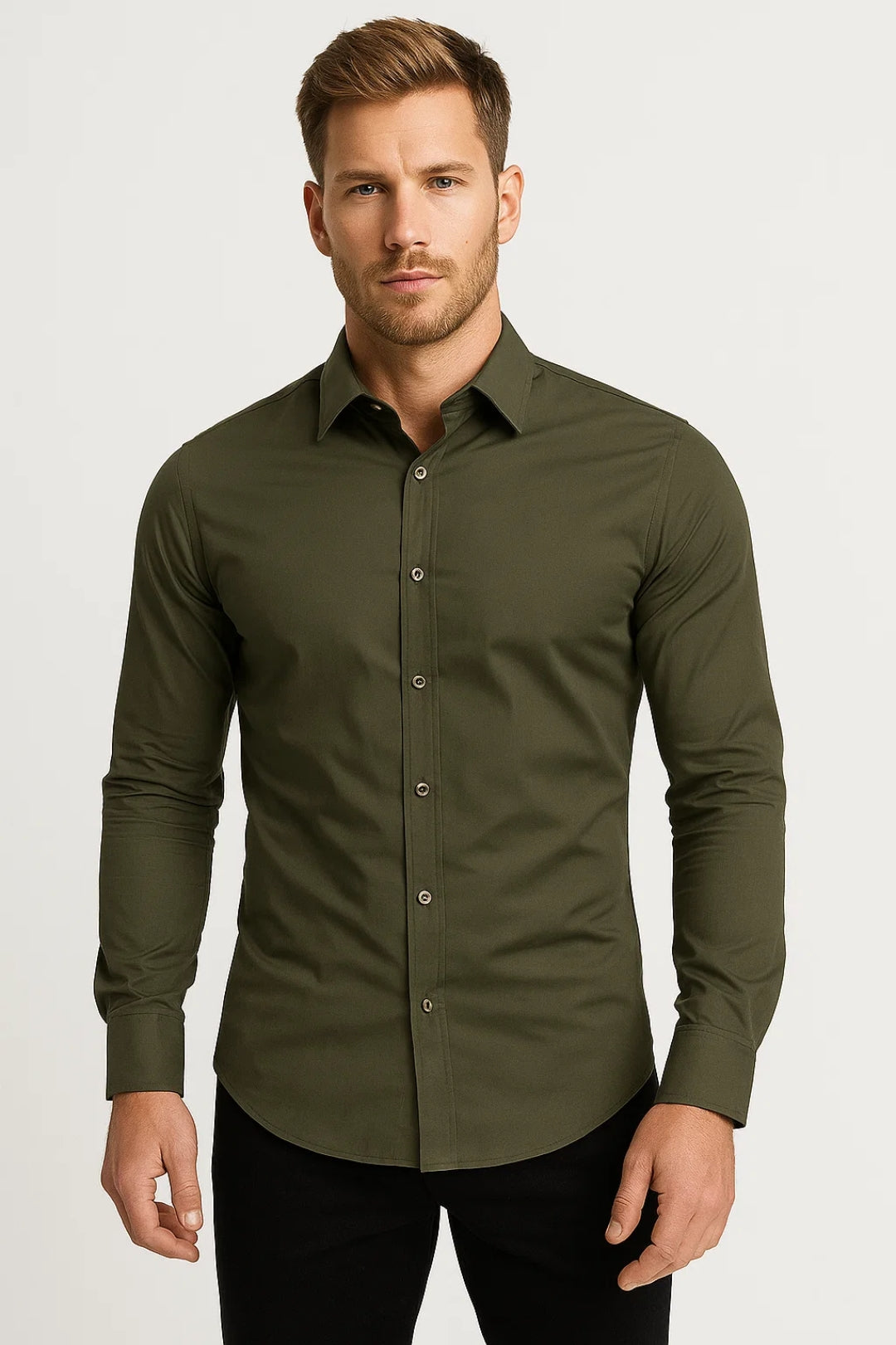 Chemise ajustée unie, vert olive