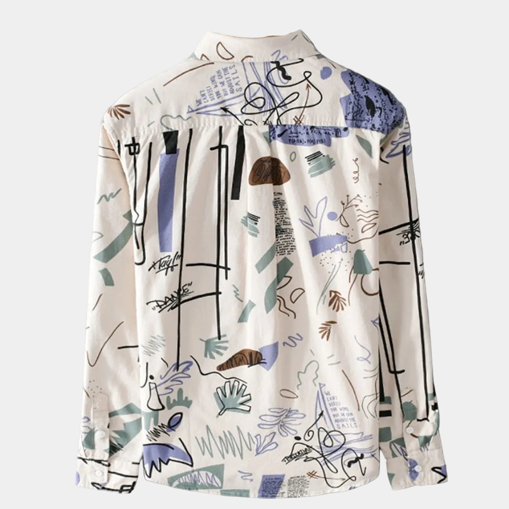 Dos de la chemise écrue à imprimé graphique, empiècement d'épaule et manches longues