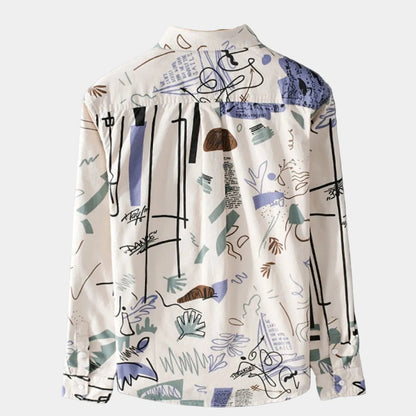 Dos de la chemise écrue à imprimé graphique, empiècement d'épaule et manches longues
