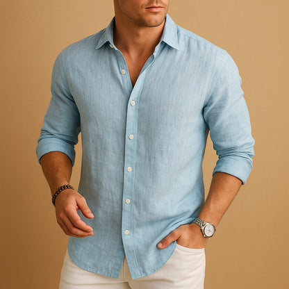 Chemise légère manches longues, coloris bleu ciel, vue de face