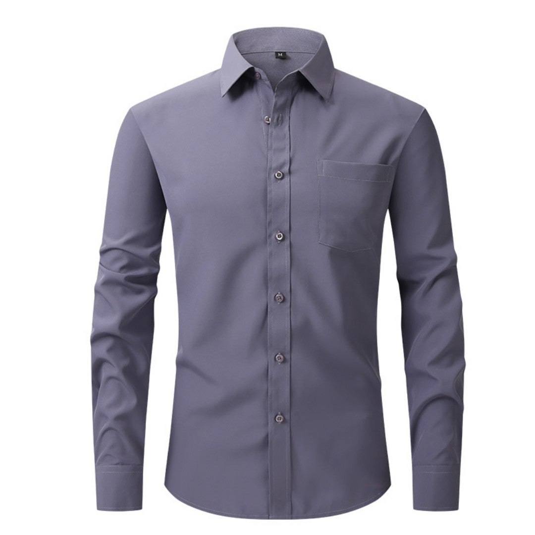 Chemise gris ardoise à col classique, poche poitrine et patte boutonnée droite