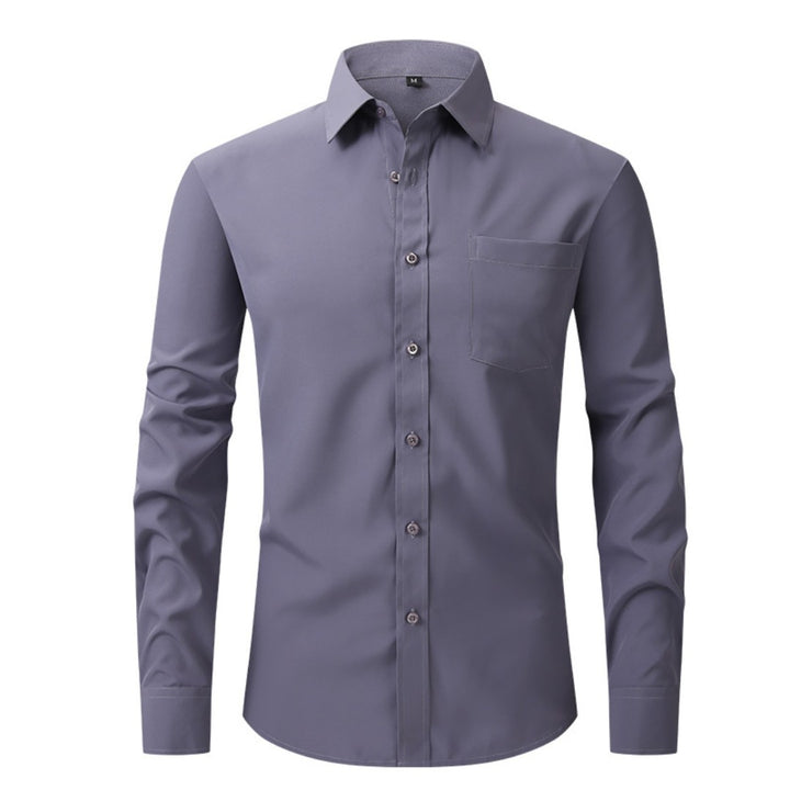 Chemise gris ardoise à col classique, poche poitrine et patte boutonnée droite