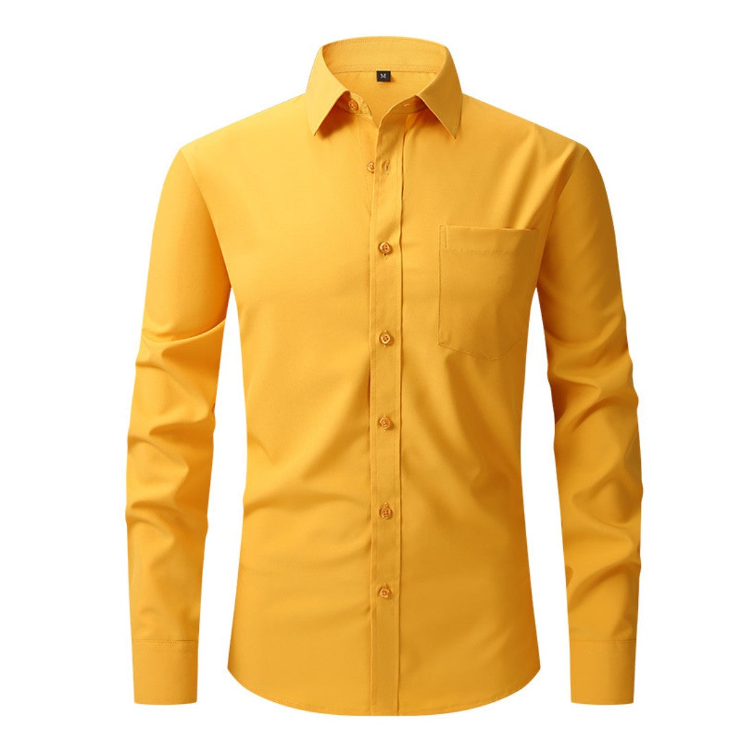 Chemise jaune safran à col classique, poche poitrine plaquée et manches longues
