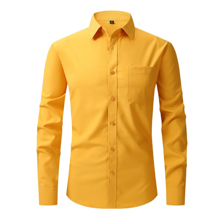 Chemise jaune safran à col classique, poche poitrine plaquée et manches longues