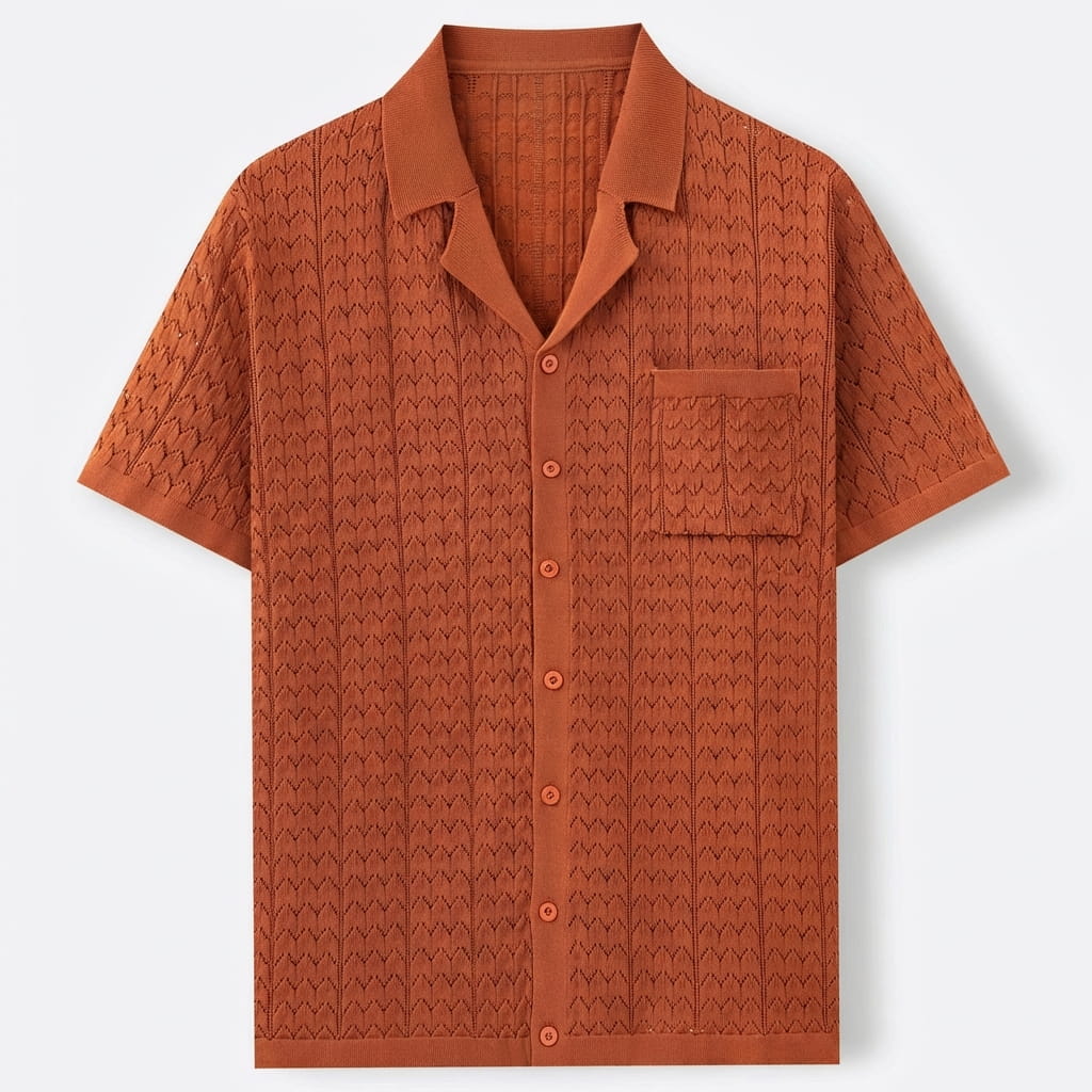 Chemise en maille ajourée terracotta à col cubain, manches courtes et poche poitrine