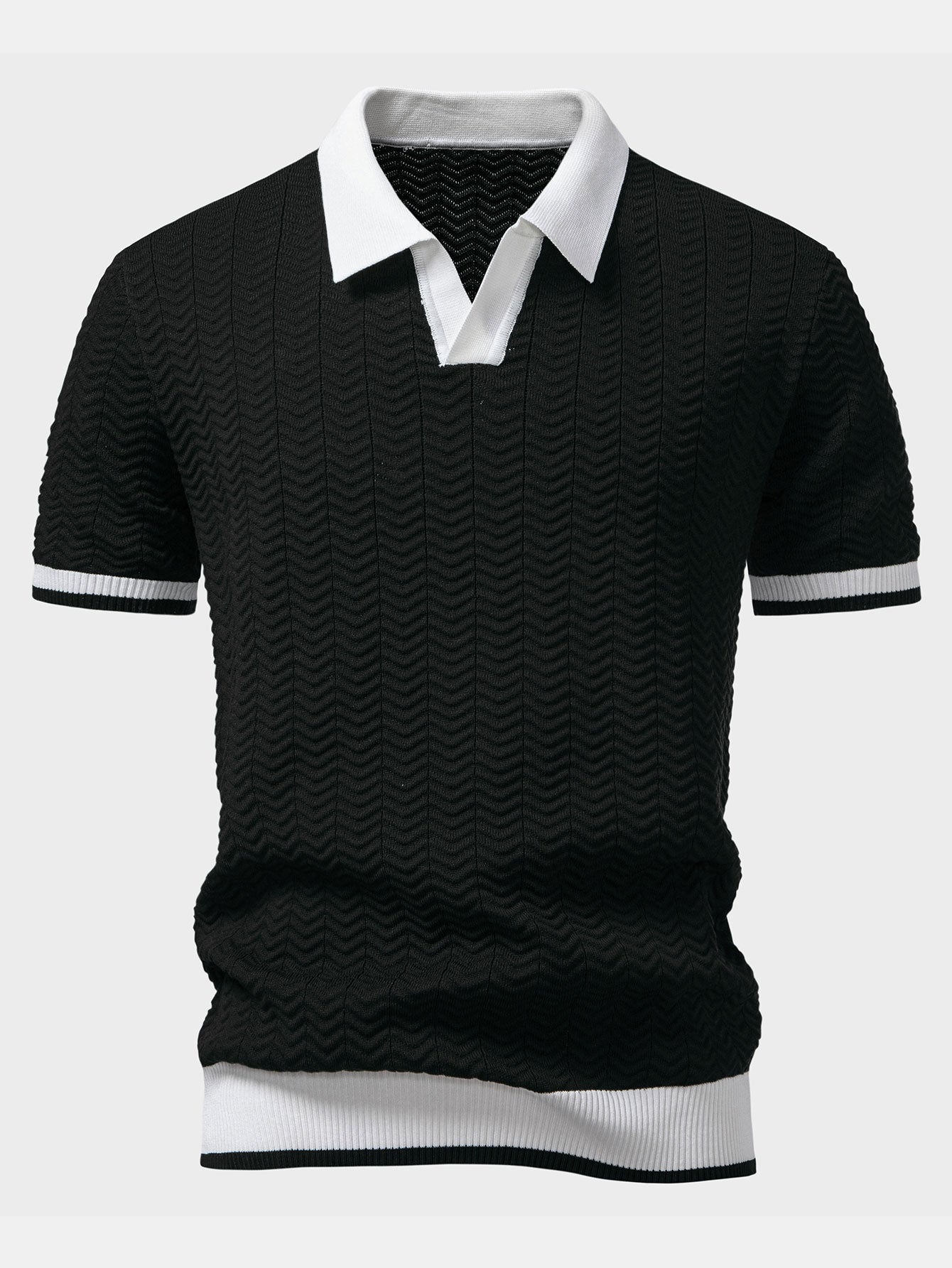 Chevron Knit Polo — black — By Old Money