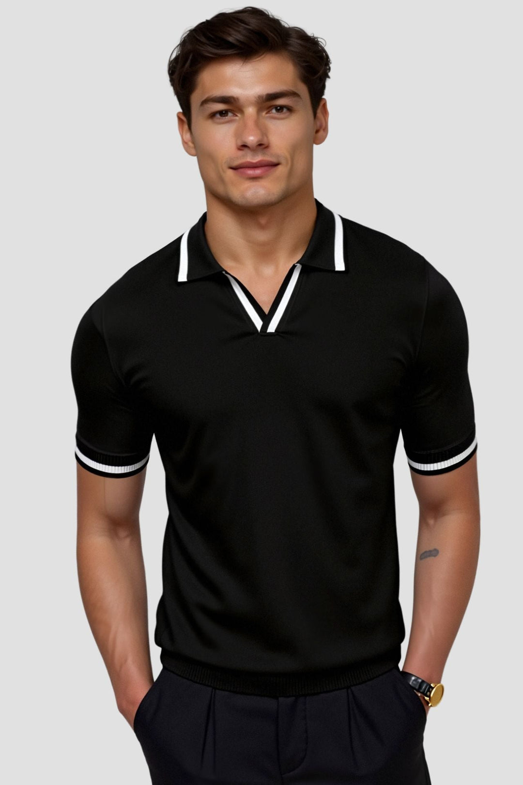 Contrast Trim Slim Polo black on model by Old Money