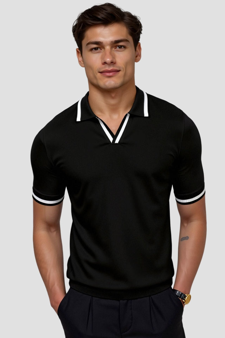Contrast Trim Slim Polo black on model by Old Money