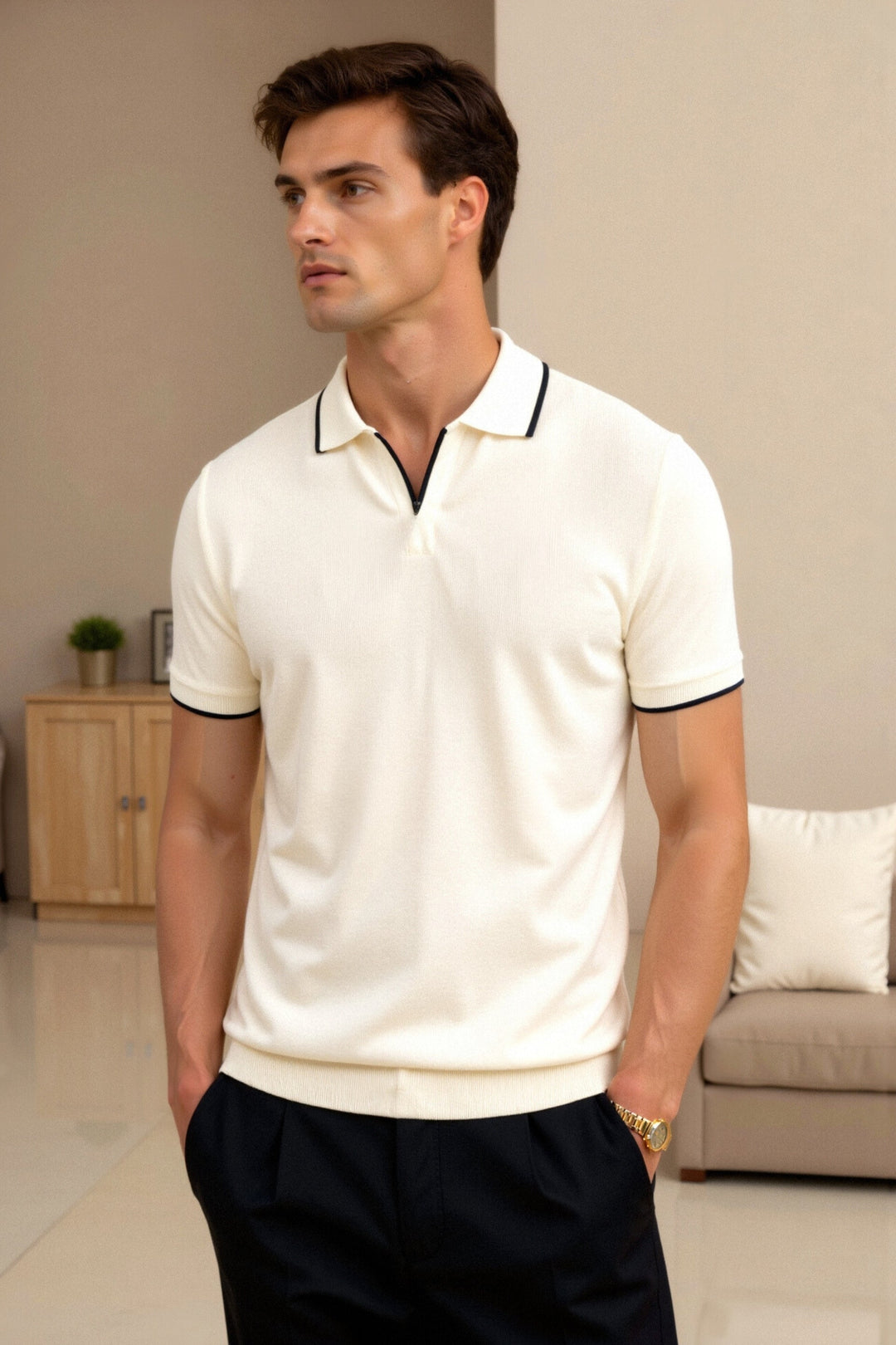Contrast Trim Slim Polo cream collar detail by Old Money