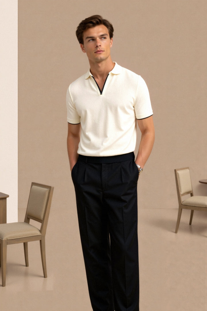 Contrast Trim Slim Polo cream full body by Old Money