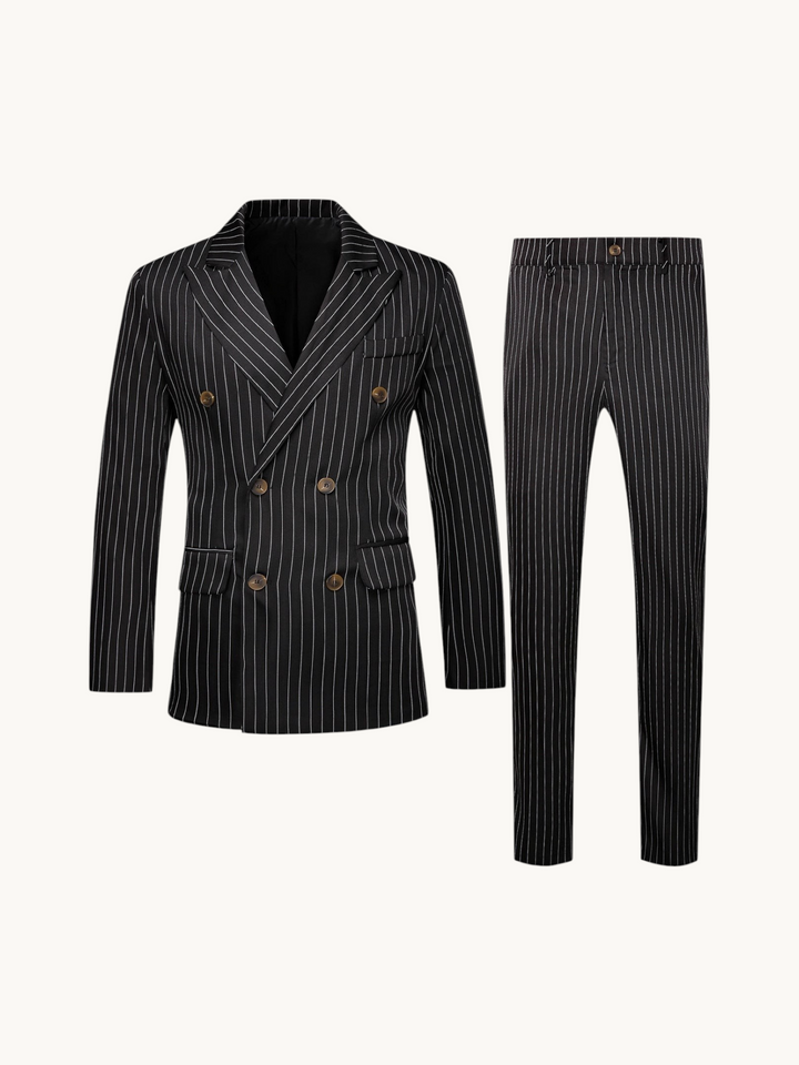 Costume rayé noir à veste croisée et pantalon assorti, présenté à plat
