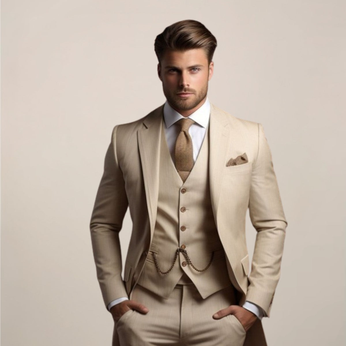 Costume trois pièces ajusté, coloris beige
