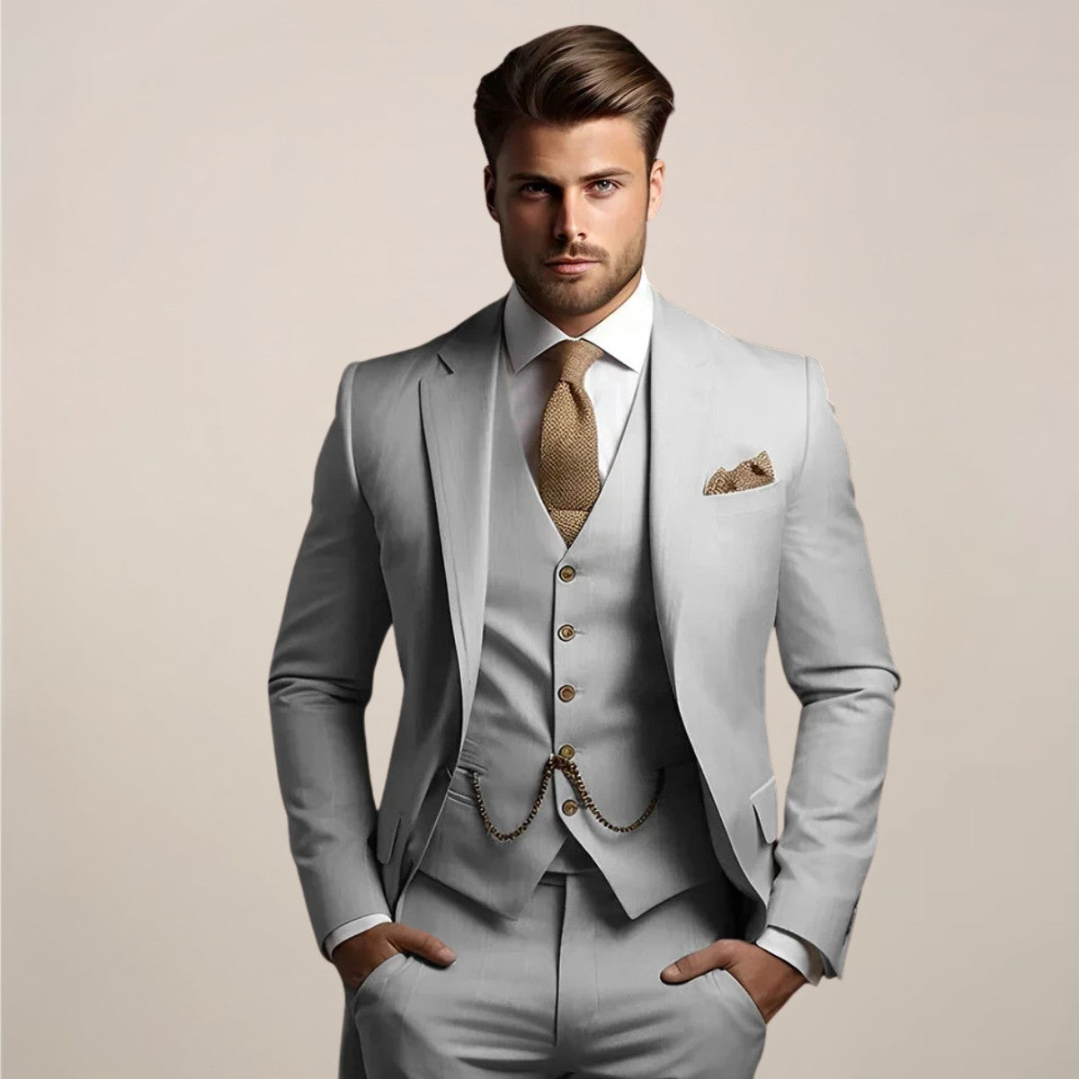 Costume trois pièces ajusté, coloris gris