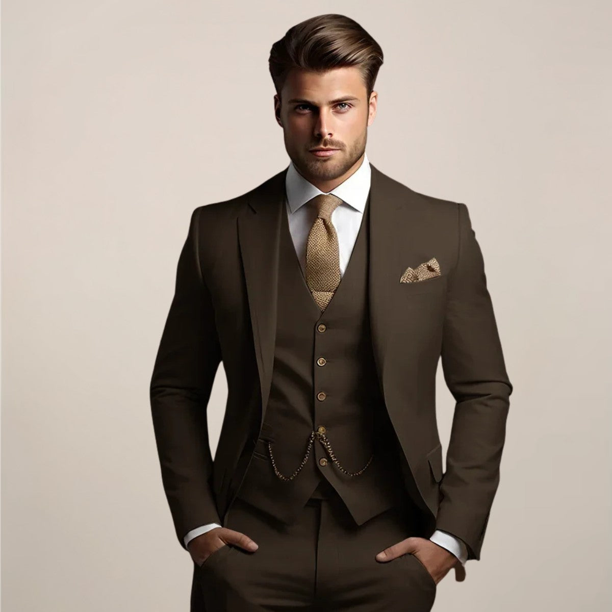 Costume trois pièces ajusté, coloris marron