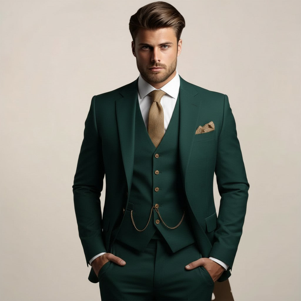 Costume trois pièces ajusté, coloris vert