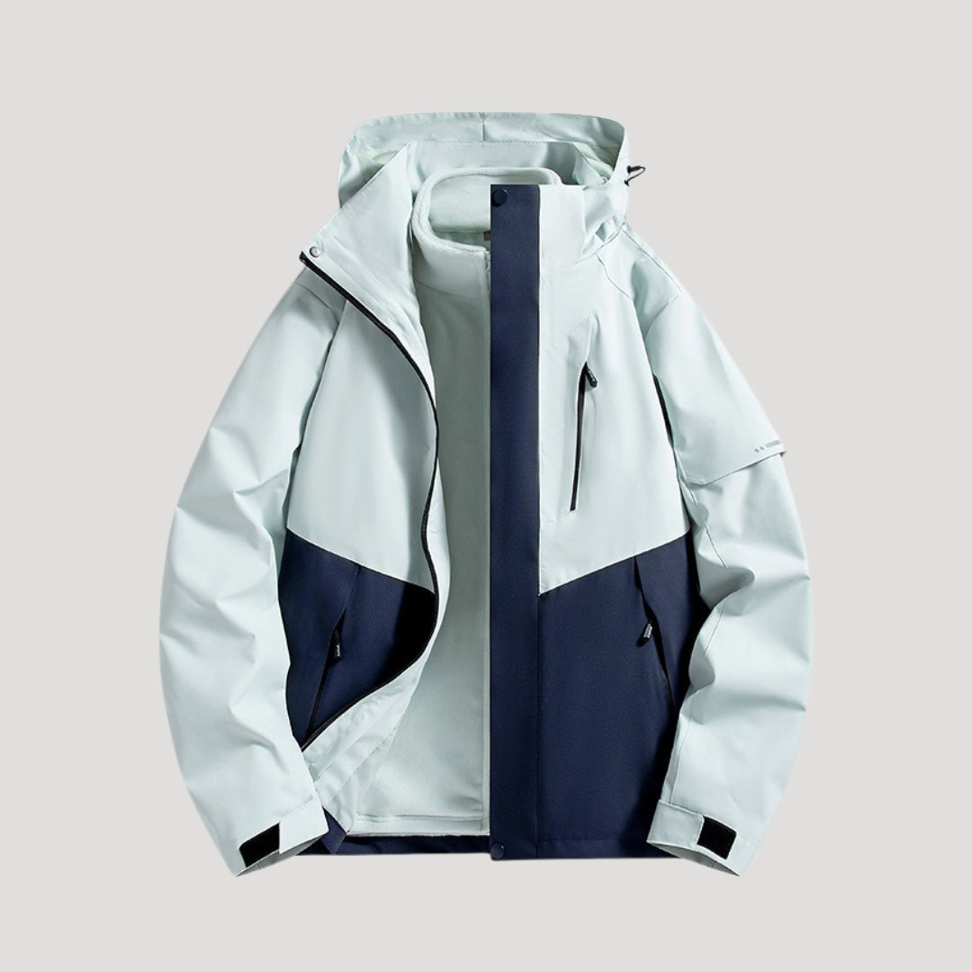 Coupe-vent à capuche, coloris bleu clair, vu de face