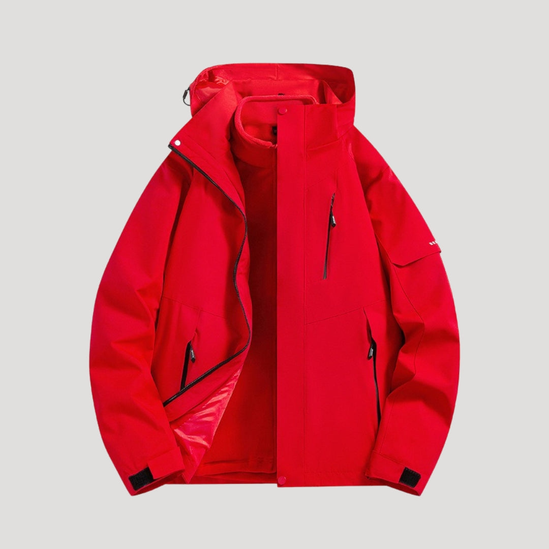 Coupe-vent à capuche, coloris rouge, vu de face
