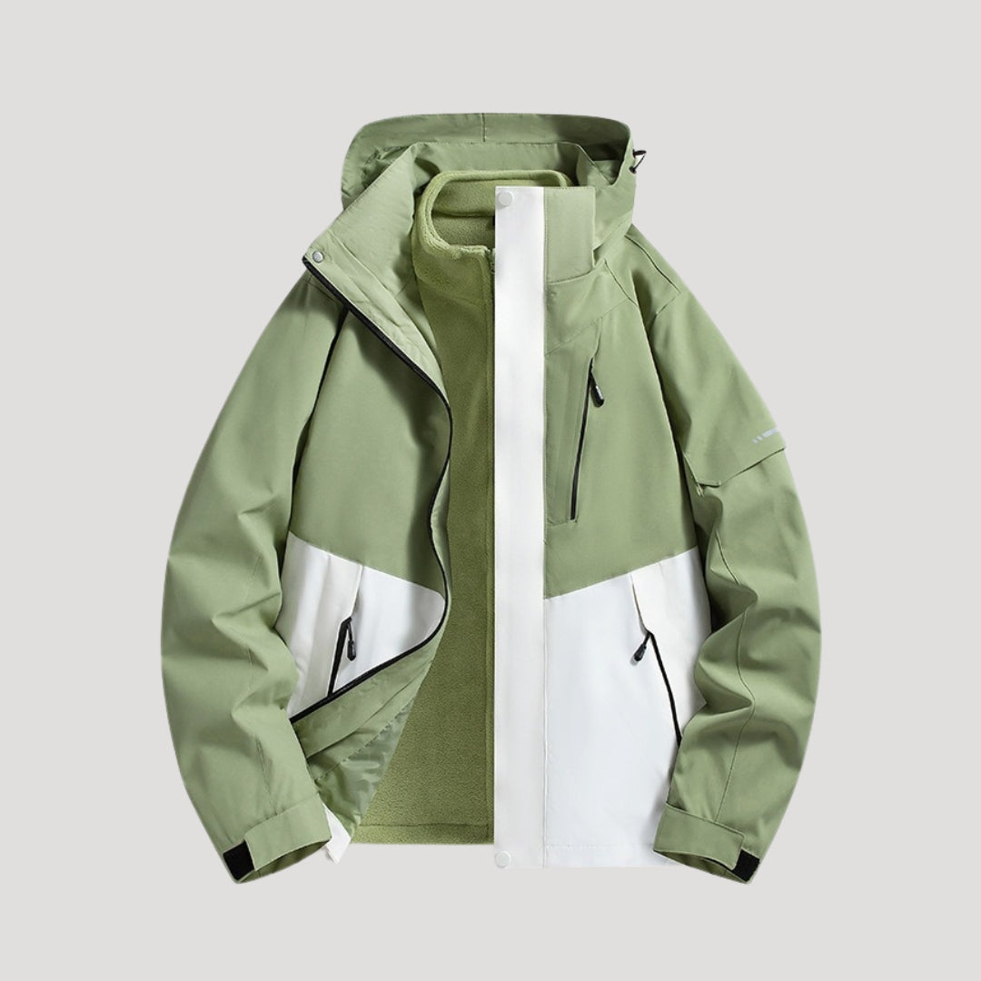 Coupe-vent à capuche, coloris vert, vu de face