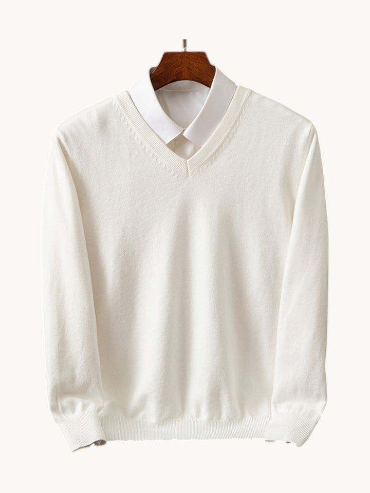 Pull en maille blanc col V avec col chemise contrastant, manches longues