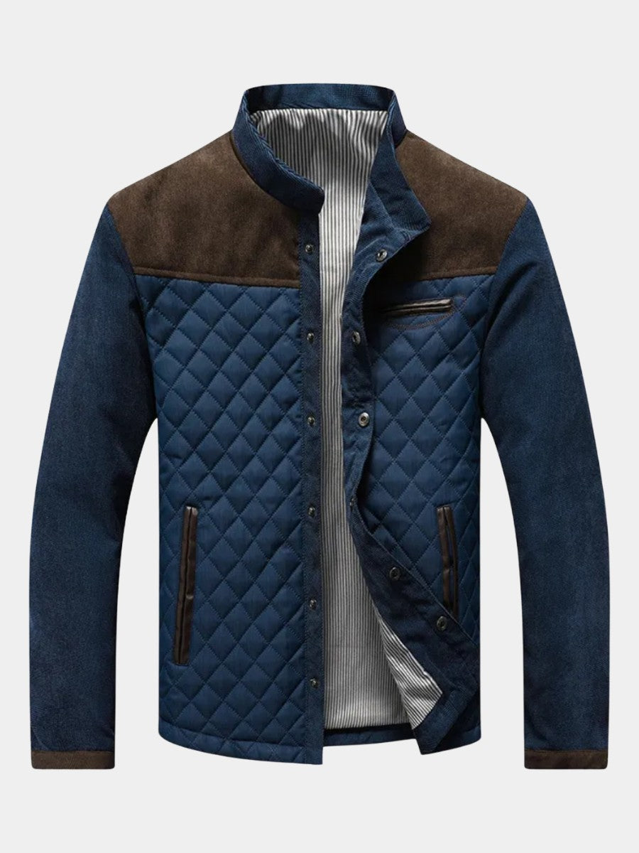Veste matelassée à losanges bleu marine, empiècement d'épaule en daim brun et col montant