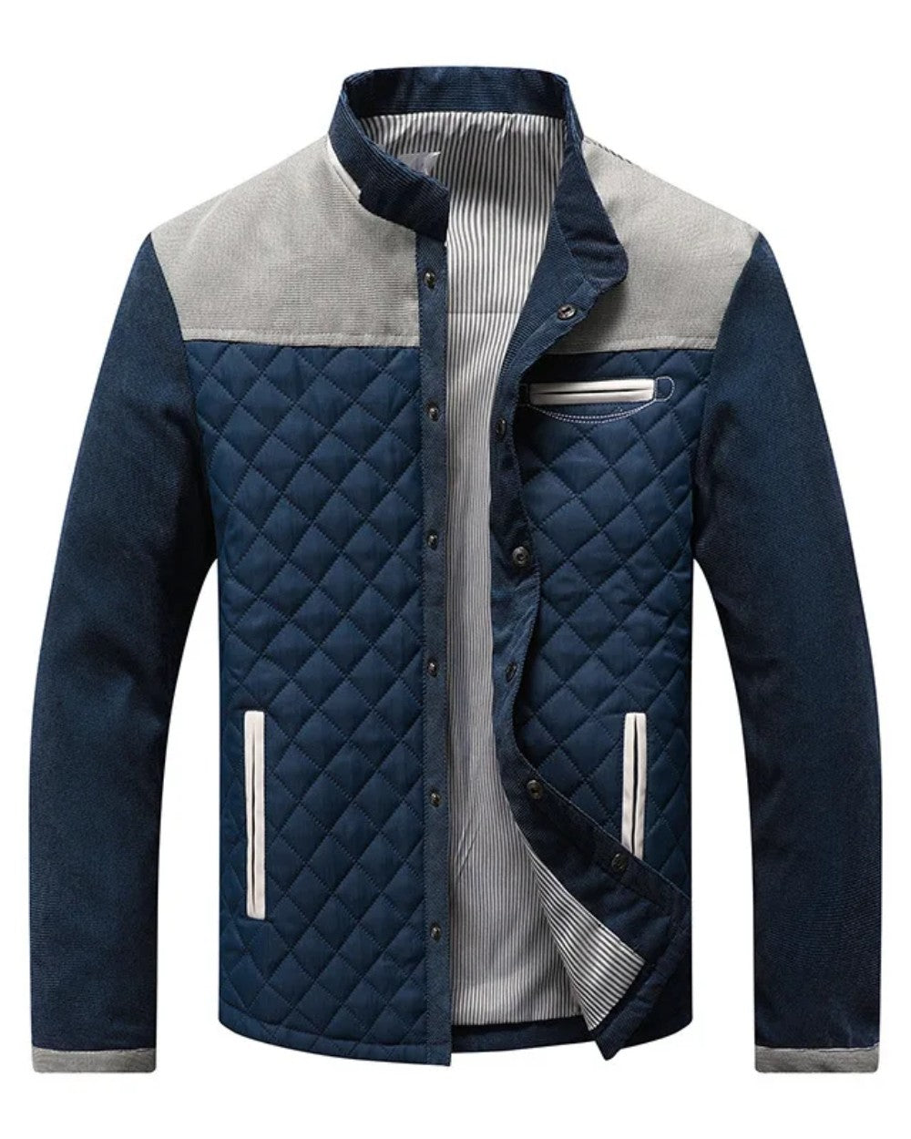 Veste matelassée bleue à empiècement d'épaule gris clair et poches zippées contrastées