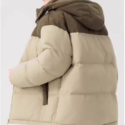 Doudoune à capuche bicolore, coloris kaki clair, vue de profil