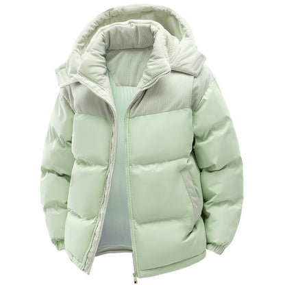 Doudoune à capuche bicolore, coloris vert clair, vue de face