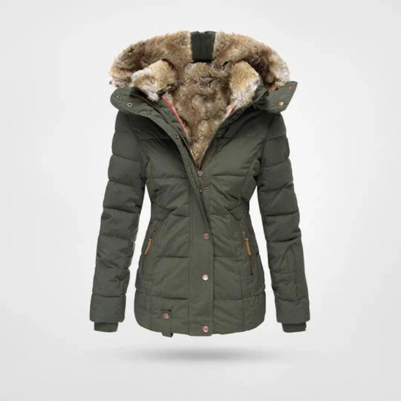 Doudoune capuche doublée cintrée, coloris vert olive, vue de face