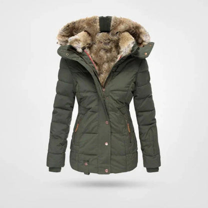 Doudoune capuche doublée cintrée, coloris vert olive, vue de face