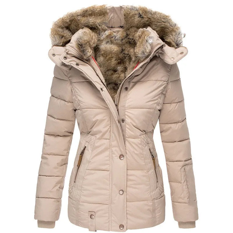 Doudoune capuche pelucheuse, coloris beige, vue de face