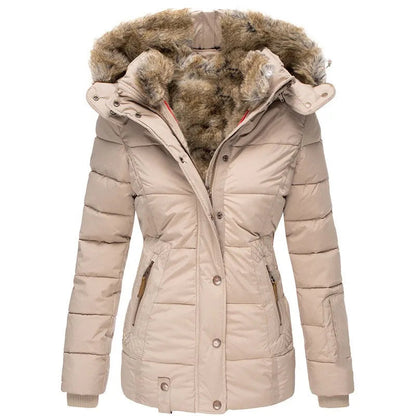 Doudoune capuche pelucheuse, coloris beige, vue de face