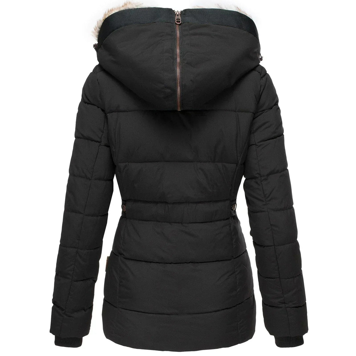 Doudoune capuche pelucheuse, coloris noir, vue de dos