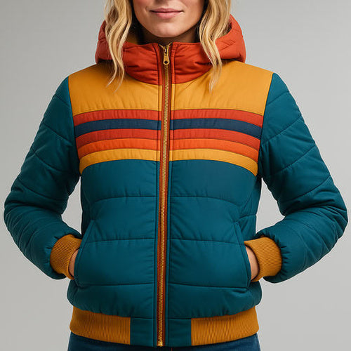 Doudoune à bandes rétro pour femme, coloris bleu