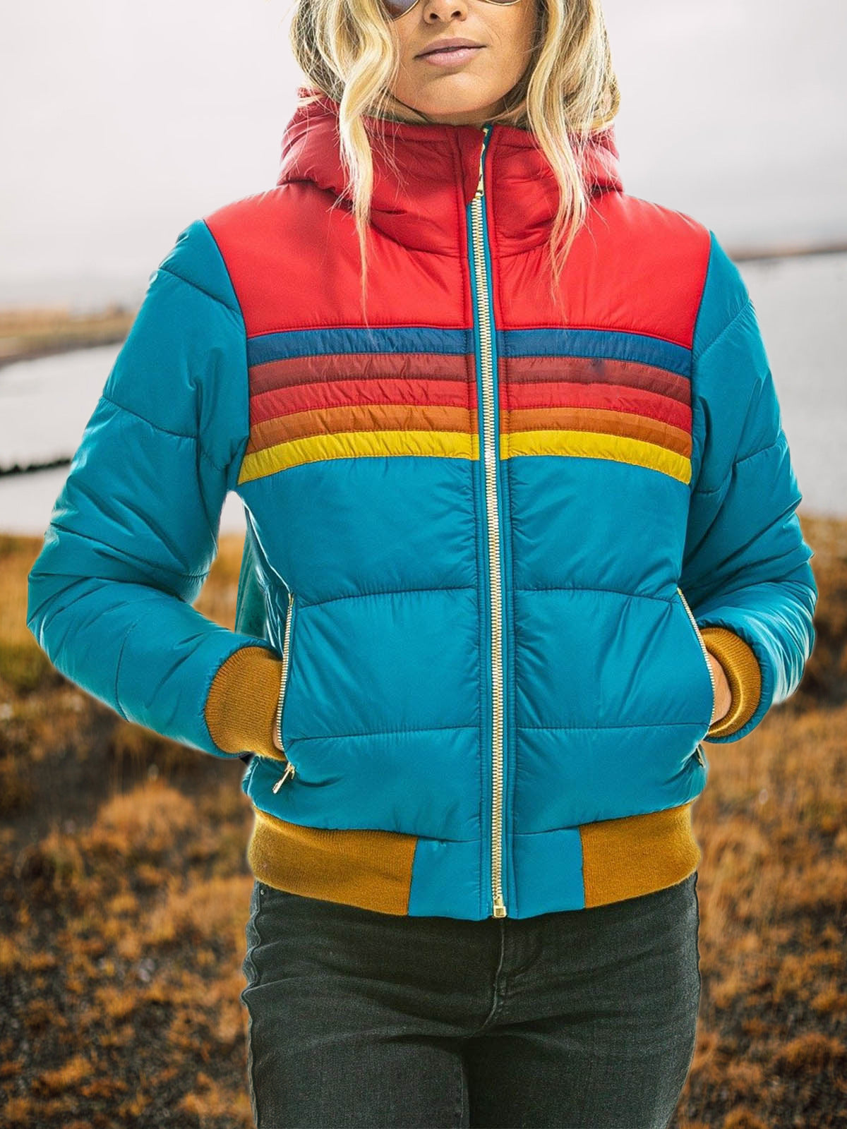 Doudoune à bandes rétro pour femme, coloris bleu clair