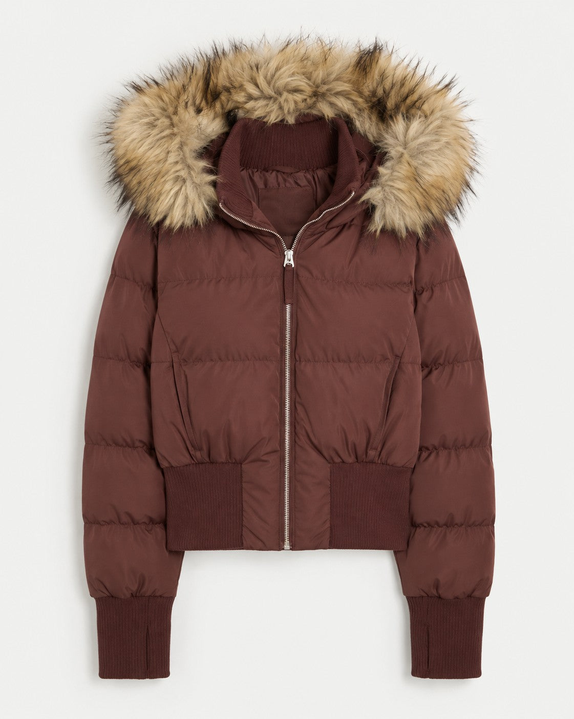 Doudoune courte capuche fourrée, coloris marron foncé, présenté à plat