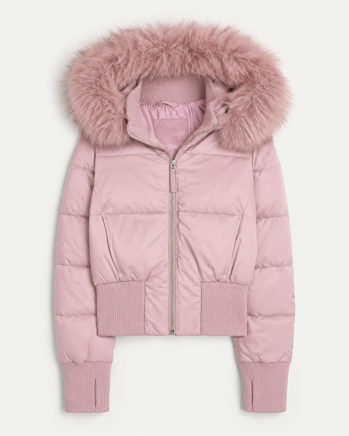 Doudoune courte capuche fourrée, coloris rose poudré, présenté à plat