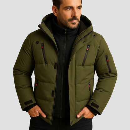 Doudoune courte zippée, coloris vert olive, vue de face