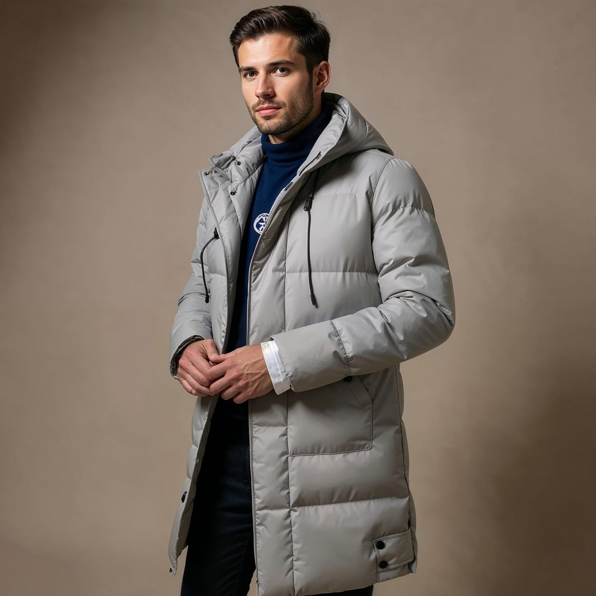 Doudoune longue à cordons, coloris gris clair, porté en tenue