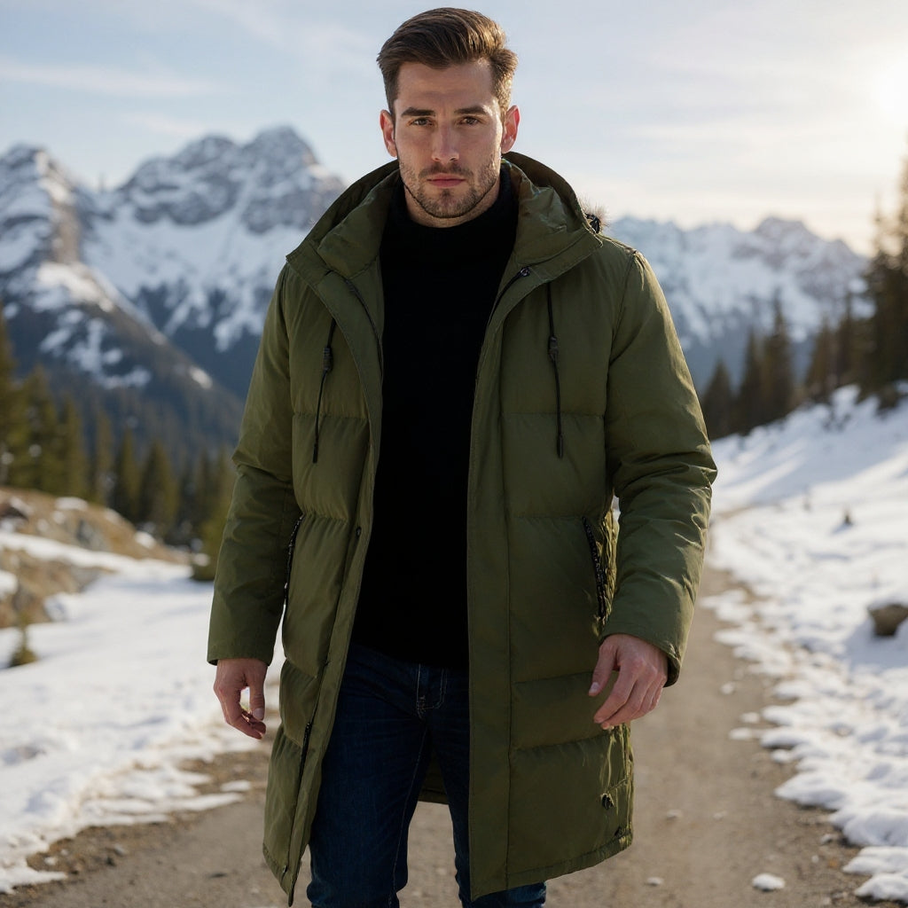 Doudoune longue à cordons, coloris vert olive, porté en tenue