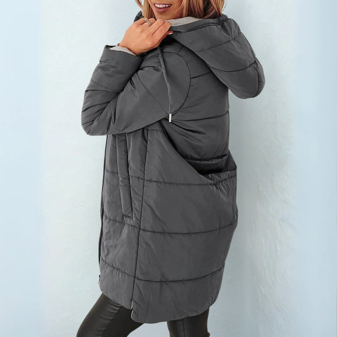 Doudoune longue capuche ajustable, coloris gris foncé, vue de face
